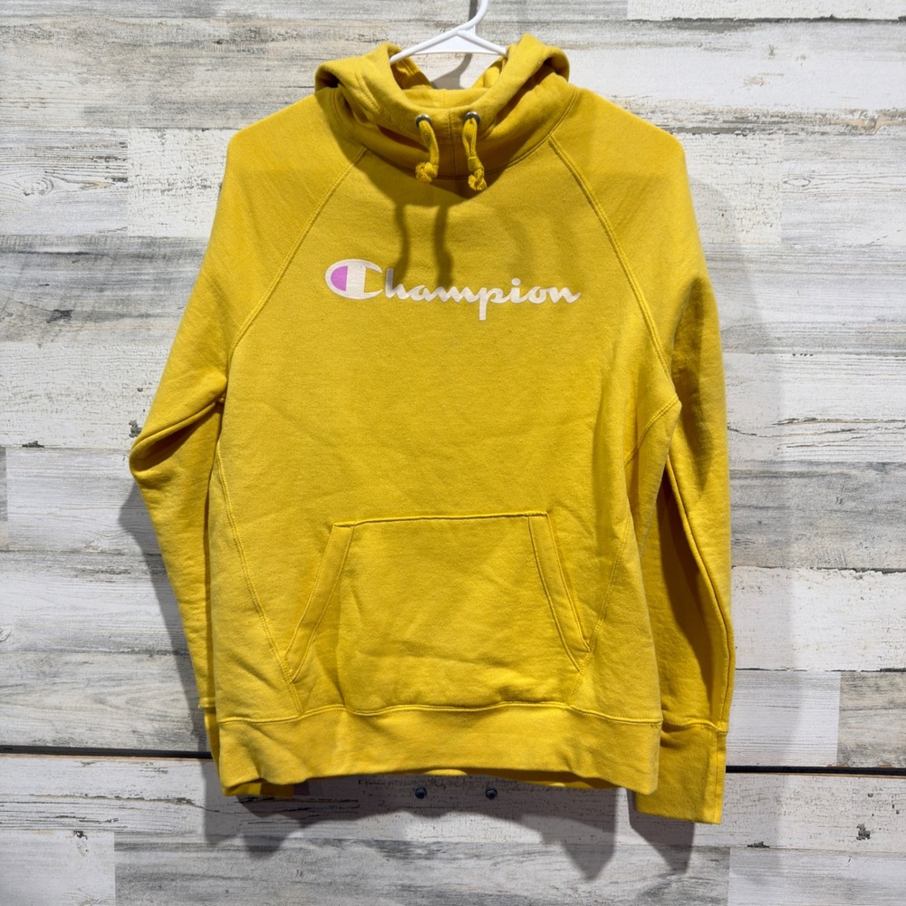 Champion Script Logo Hoodie Women Small Yellow Poly Cotton Athleisure Flawed*